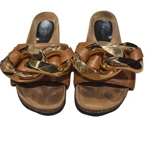JW Anderson Tan Loafer Slide Sandal with chunky gold chain Size 37